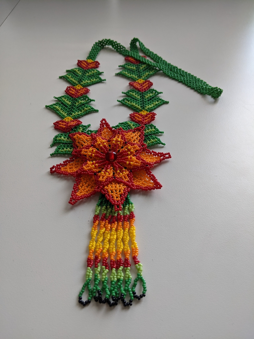 Handmade Green Beaded Necklace with Orange & Red Floral Pendant - Picture 3 of 4